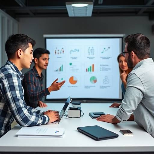 A digital marketing team brainstorming ideas around a whiteboard, showing various marketing strategies.