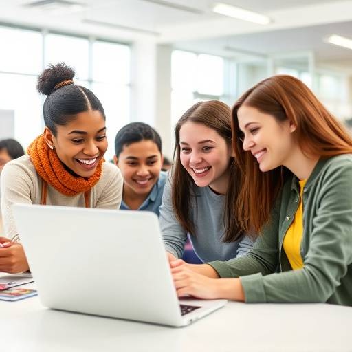 A group of diverse students collaborating around a table, smiling and looking at a laptop screen, representing Zenith Academy's collaborative learning environment.