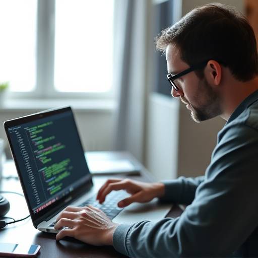 A web developer coding on a laptop, showing HTML, CSS, and JavaScript code.