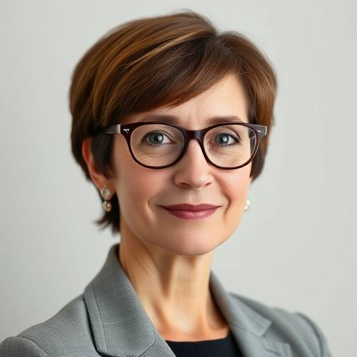 Portrait of Dr. Evelyn Reed, the founder of Zenith Academy, a woman with short brown hair wearing glasses and a professional blazer.