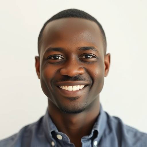 Portrait of James Okoro, a smiling man with short hair, wearing a button-down shirt and a friendly expression. He is an instructor at Zenith Academy.