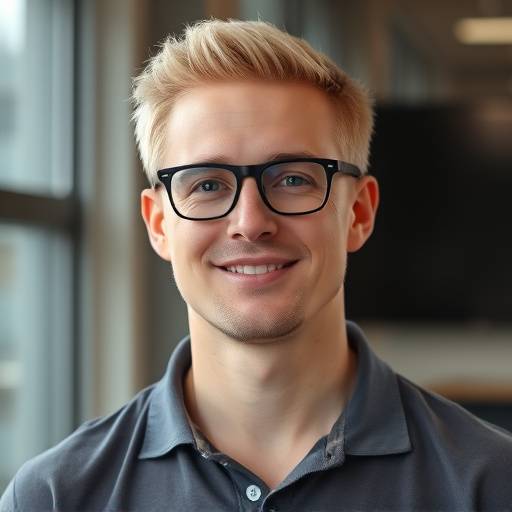 Portrait of John Smith, a Data Science Instructor at Zenith Academy, a man with short blonde hair and glasses wearing a polo shirt.